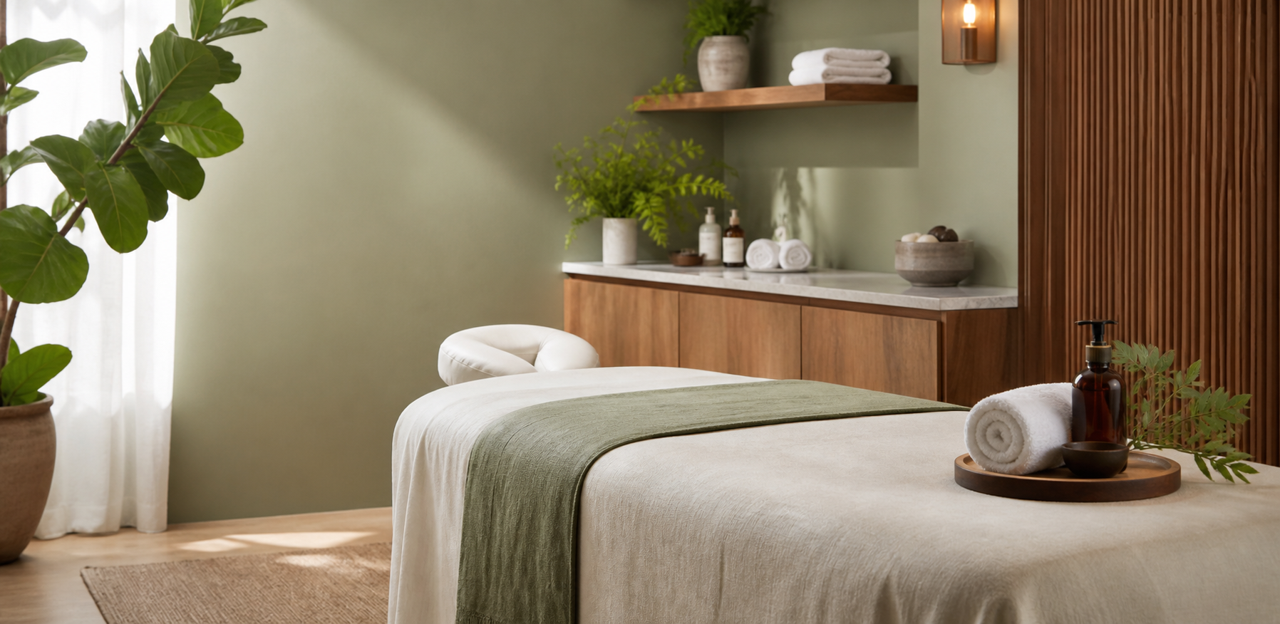 Peaceful spa treatment room with massage table, towels, plants, and skincare bottles.
